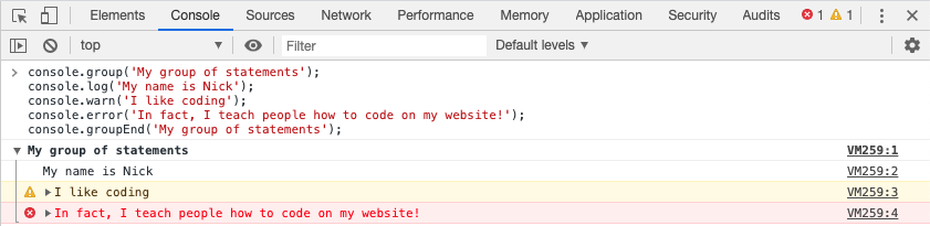 An example of the console.group method in JavaScript