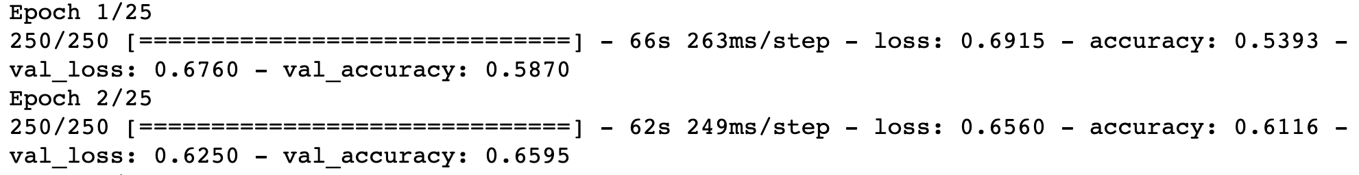 The output generated when training a convolutional neural network