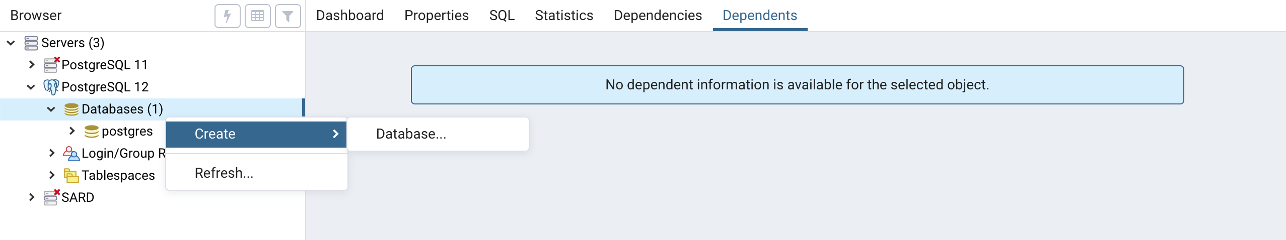 PgAdmin Create Database