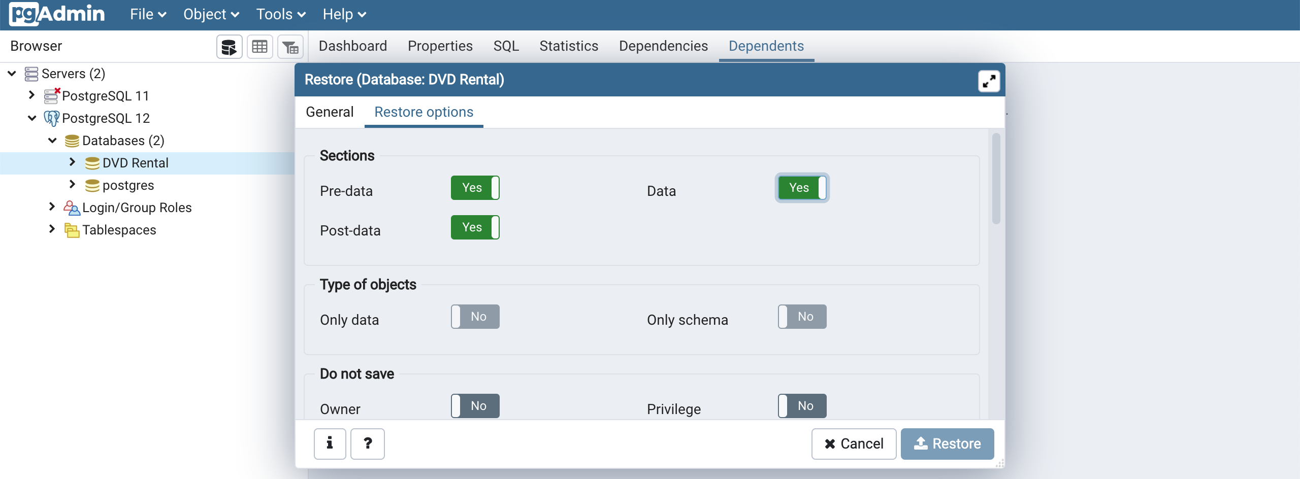 PgAdmin Data Fields